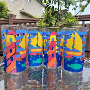 Set Of 4 Vintage 1994 Acrylic Tumblers Cups Nautical Bright Fish Lighthouse